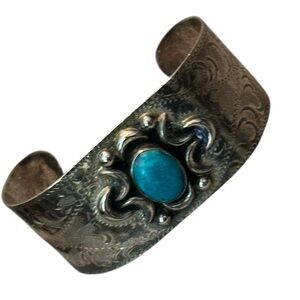 Vintage Mexico Alpaca Turquoise Handmade Etched Cuff Bracelet Southwestern